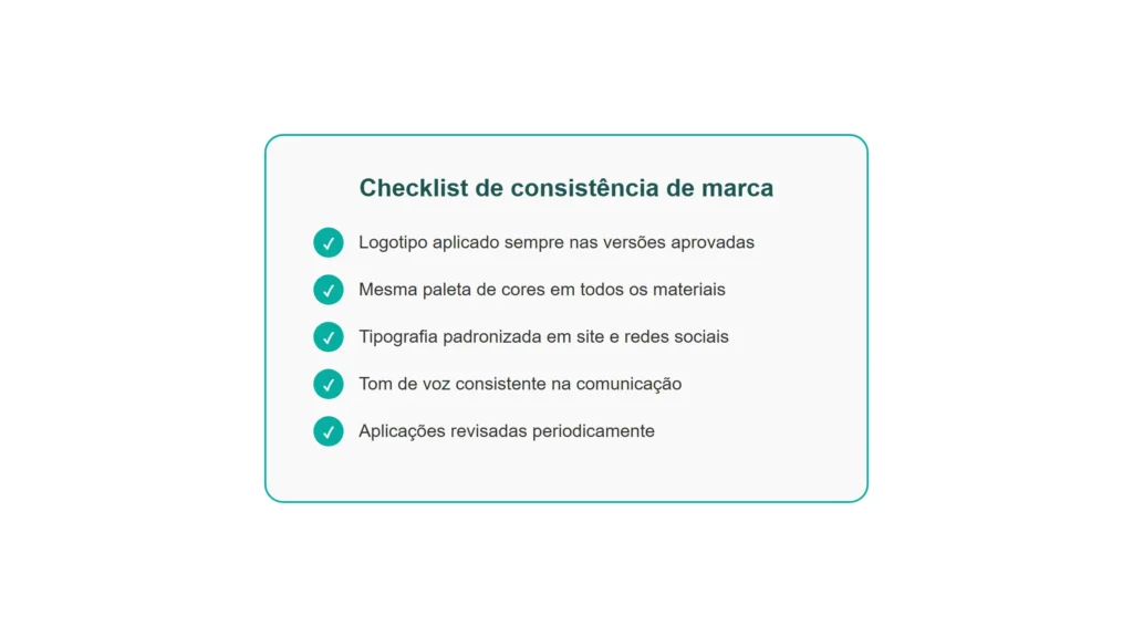 Checklist de consistência de marca: logotipo, paleta de cores, tipografia, tom de voz e aplicações