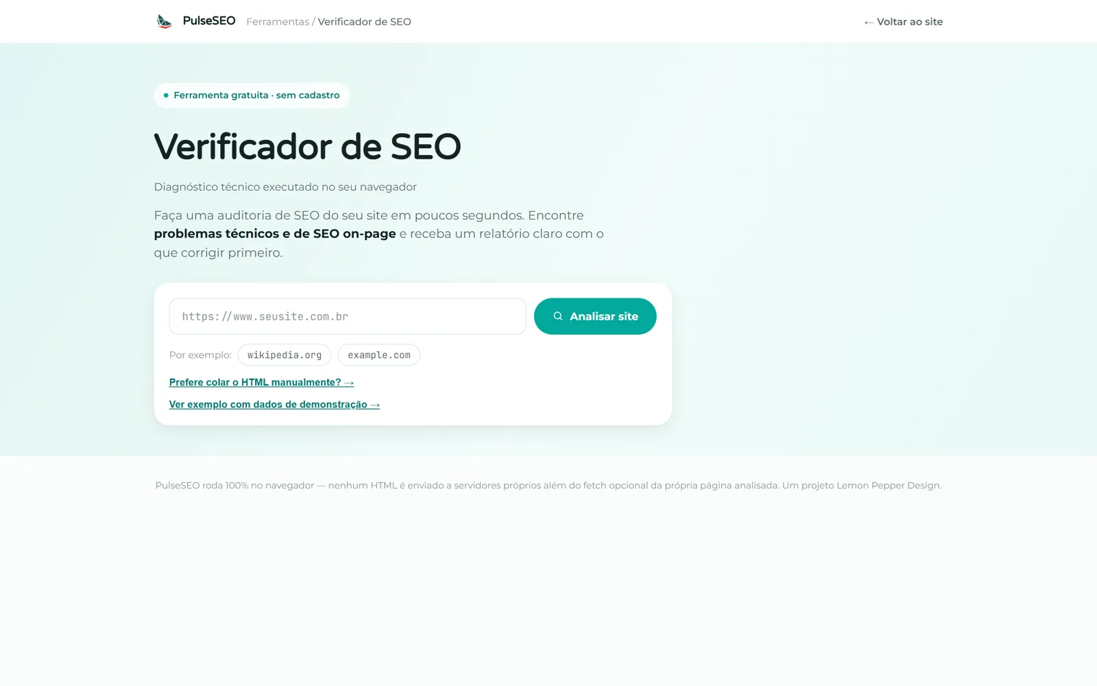 Página inicial do PulseSEO, verificador de SEO gratuito da Lemon Pepper Design, com campo para analisar um site