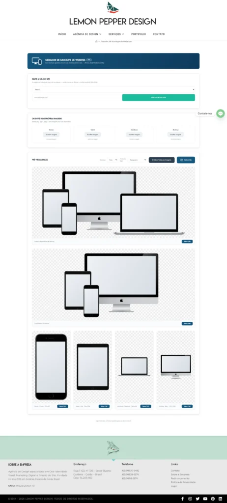 Página do Gerador de Mockups de Websites da Lemon Pepper Design, com formulário de URL e pré-visualização dos mockups